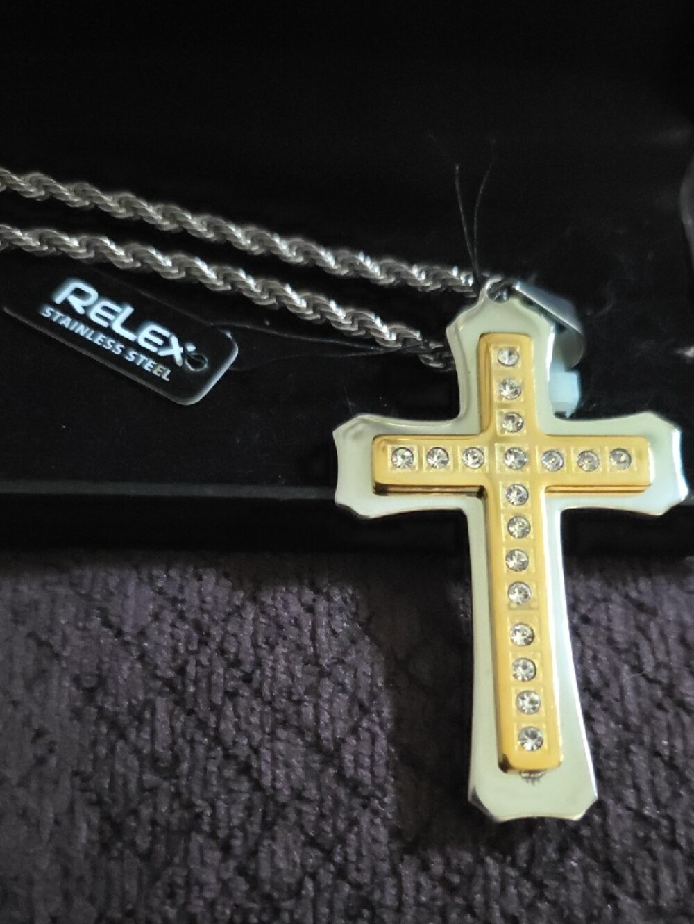 Relex Two-Tone Cross Pendant Necklace in Gold, Silver & White Crystals